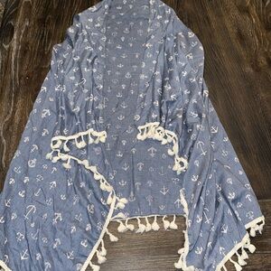 BLUE & WHITE ANCHOR PRINT SLEEVELESS KIMONO-ONE SIZE
